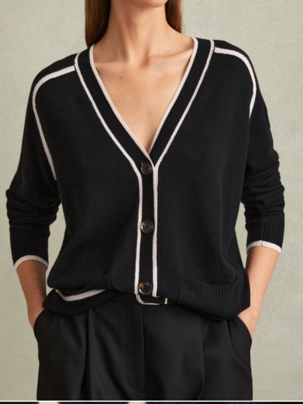 Reiss Abi Wool‑Blend Contrast Tipped Cardigan with Cashmere – Black/Stone – Size